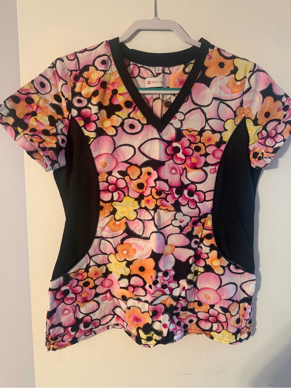 White Cross Floral V-Neck Top in Pink, Yellow and Orange with Black Panels